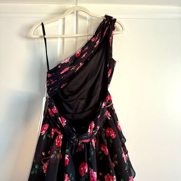 NWT Mac Duggal one-shoulder, high-low black gown with a red/pink floral print. - Picture 10 of 15